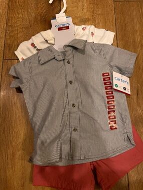 Carter's Toddler Short Sleeve Pinstripe Button-Down Shirt and onesie NWT 18m